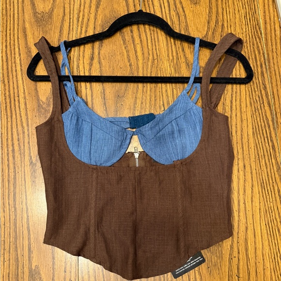 NWT BROWN LINEN COLOR BLOCK CUP DETAIL BONED CORSET TOP- sold out style - Picture 5 of 8